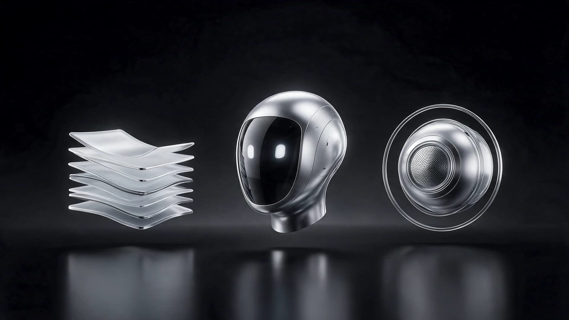 Film illustratif de systèmes IA en chrome et verre noir